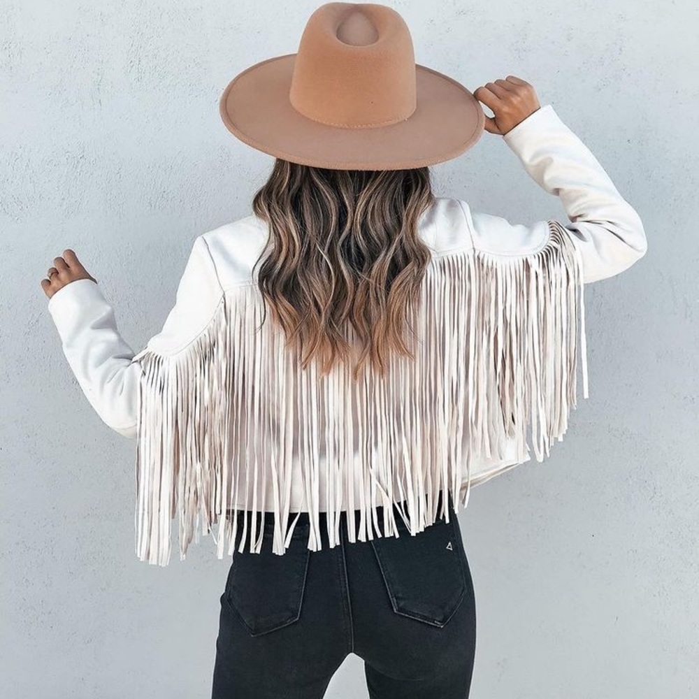 White Faux suede fringe long sleeve women jacket zipdown